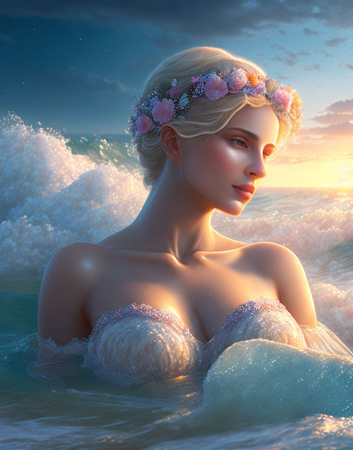 Woman with floral wreath in water surrounded by waves and sunlight