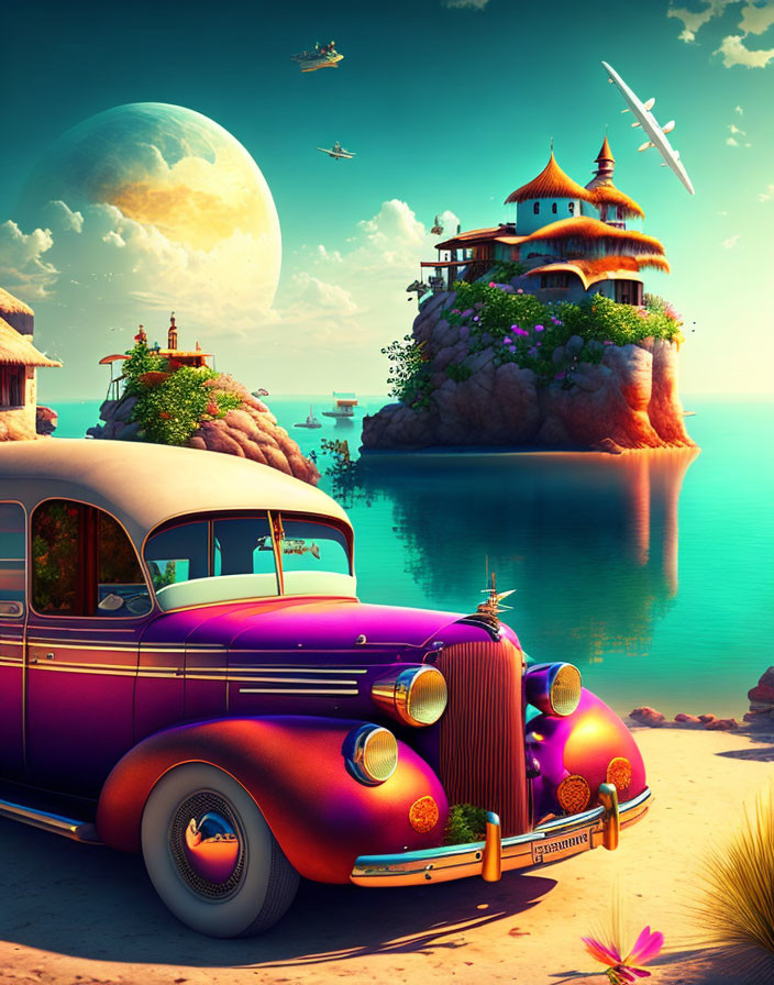 Vintage Car Parked by Tranquil Sea at Sunset with Fantasy Castle, Moon, and Flying Ships