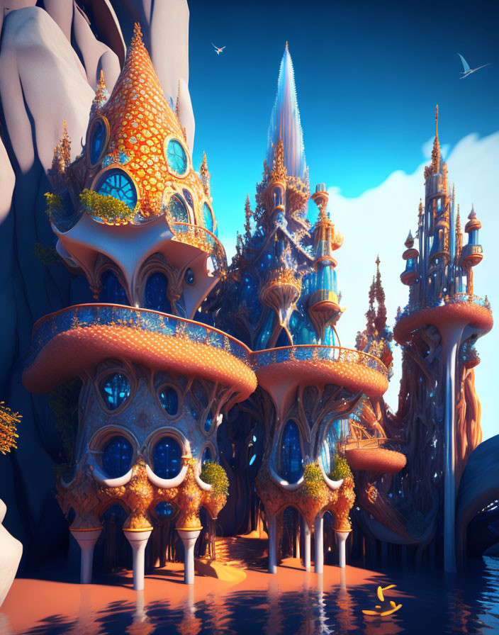 Vibrant orange and blue towers with mushroom-like structures in surreal landscape.
