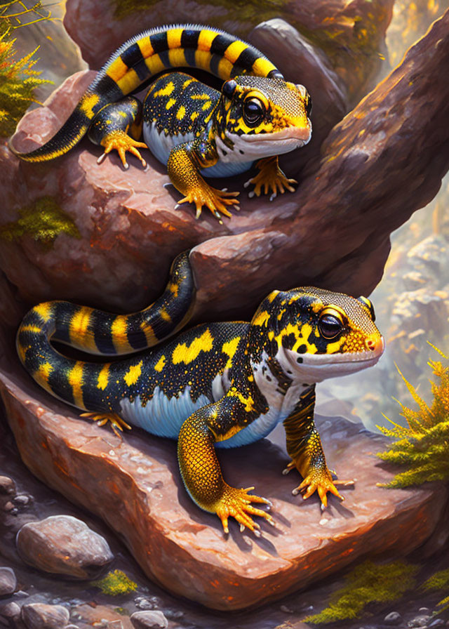 Vibrant yellow and black salamanders on rocky terrain with foliage