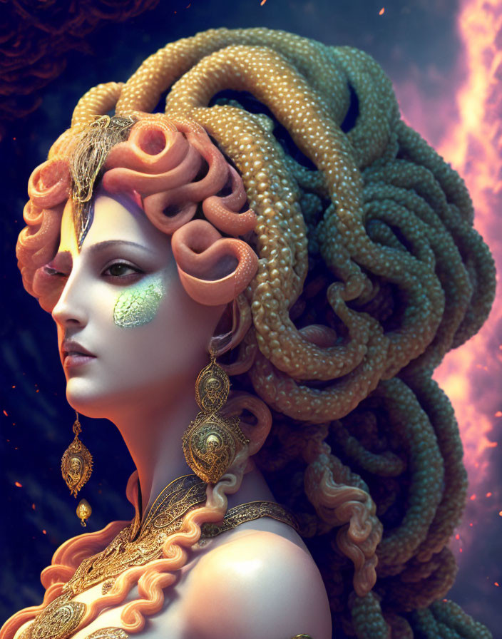 Portrait of Woman with Gold Snake-Like Hair and Glittering Eye on Fiery Background