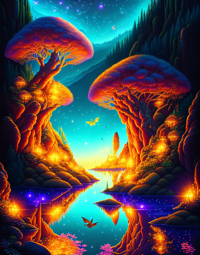 Vibrant fantasy night landscape with luminescent trees, reflective river, fireflies, and star