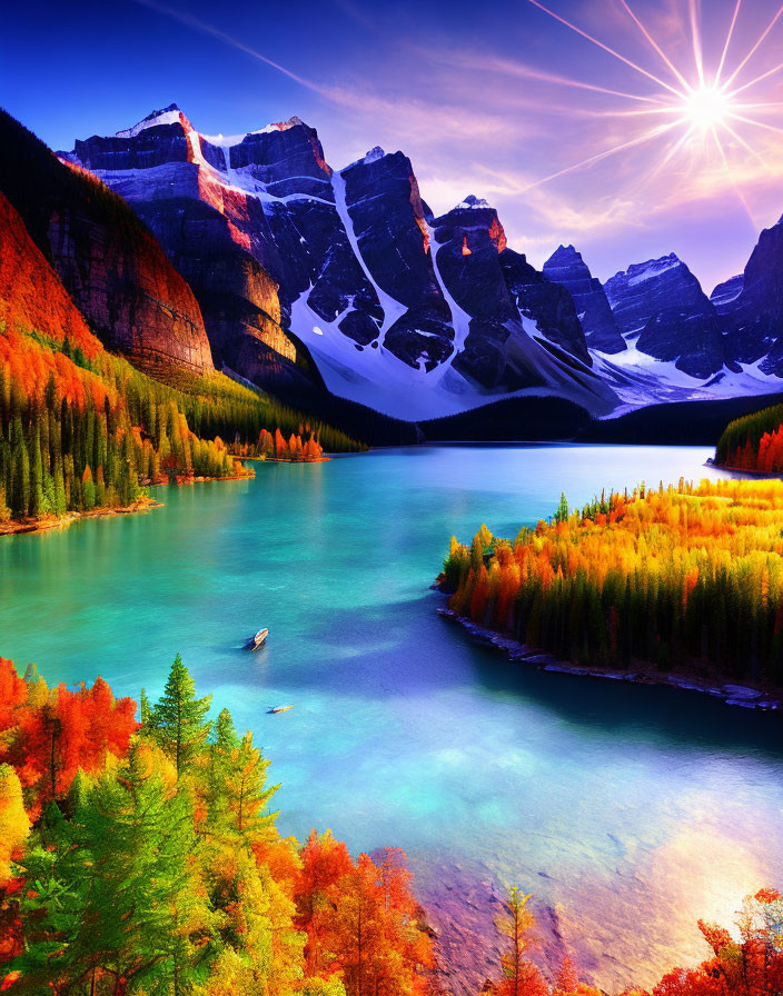 Scenic landscape: Turquoise lake, autumn trees, snow-capped mountains