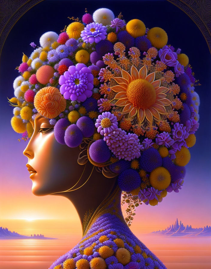 Colorful floral hair woman in profile against surreal sunset landscape