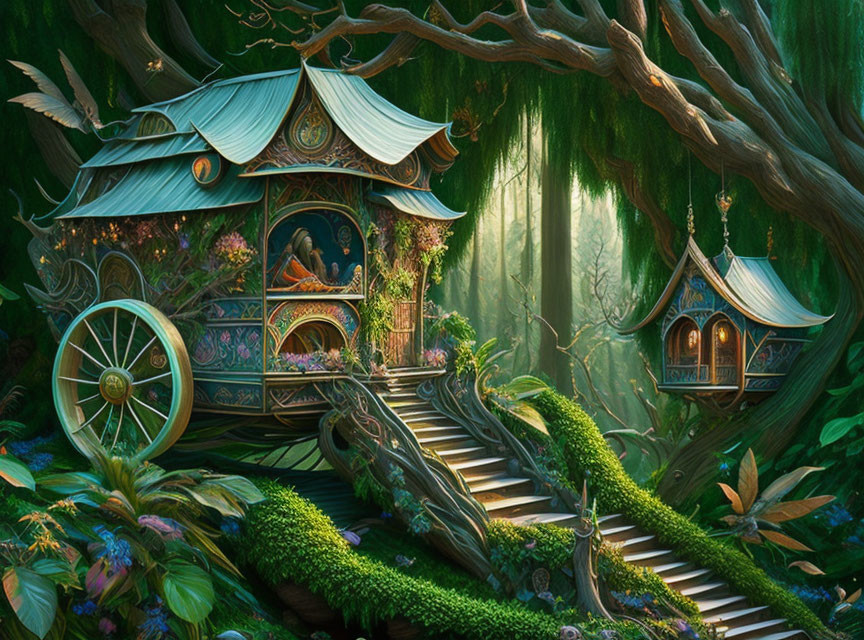 Ornate wheeled treehouses in lush forest setting