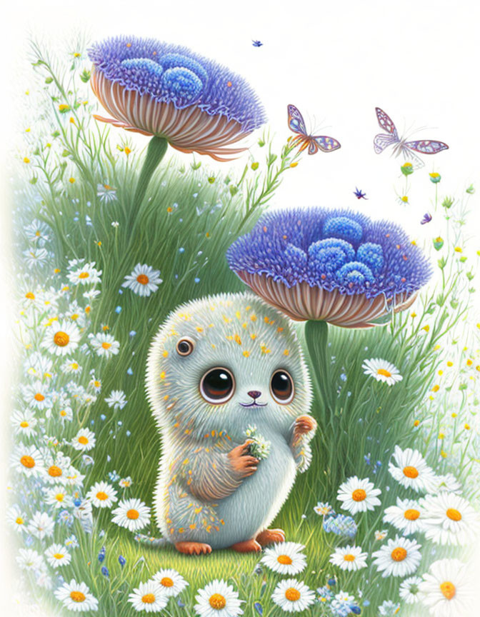 Whimsical illustration of cute creature in nature scene