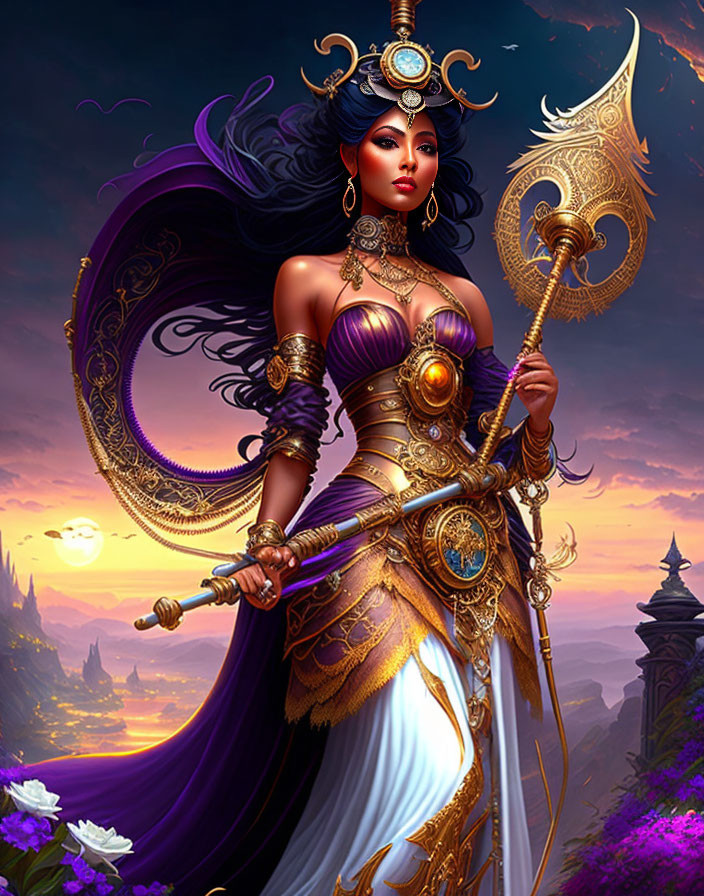Regal warrior woman in golden armor with staff in fantasy landscape