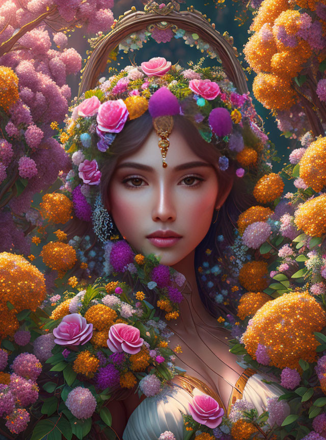 Digital portrait of woman with floral headdress and jewelry, surrounded by orange and pink blooms.