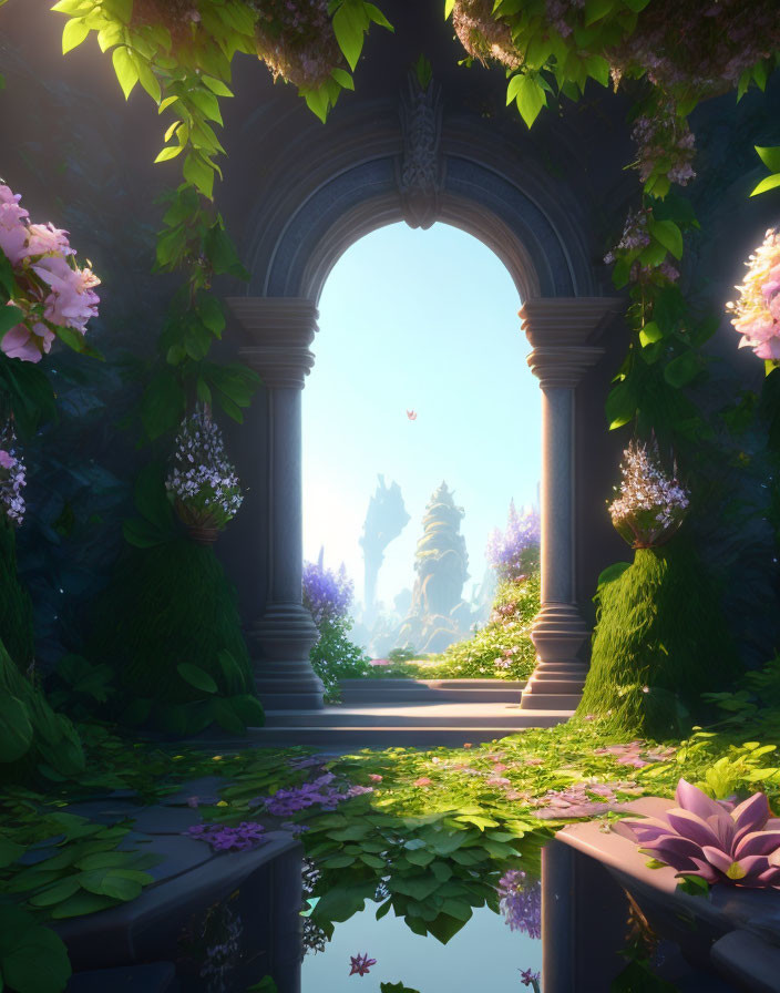 Enchanting garden archway leading to mystical forest with vibrant flowers and tranquil water.