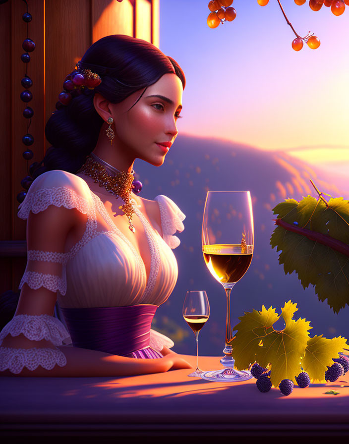 Elegant Woman in Evening Dress with Wine and Grapes at Sunset