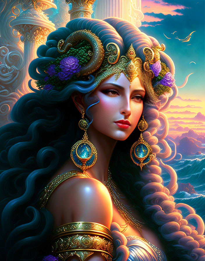Fantasy female figure with golden headpiece in vibrant sunset scene