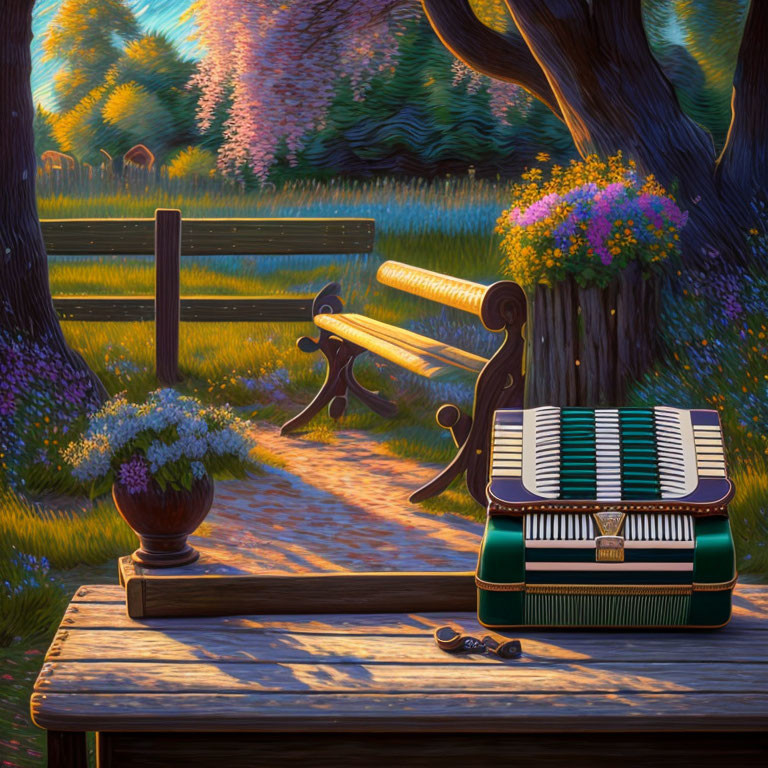Accordion on a rural bench