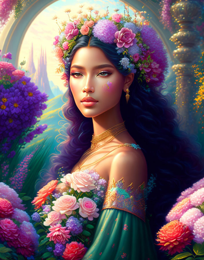 Digital artwork: Woman with floral crown and dress, surrounded by flowers and fantasy castle