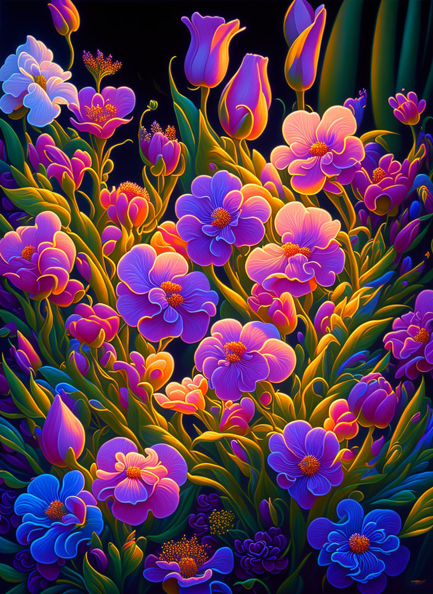Colorful Digital Painting of Purple, Pink, and Orange Flowers on Dark Background