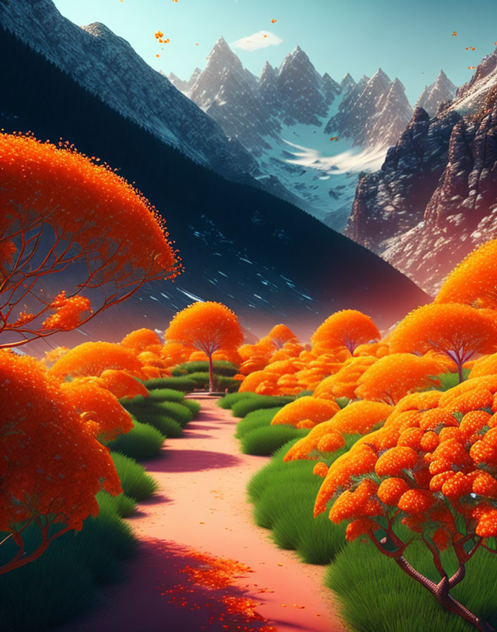 Scenic path with orange trees leading to snowy mountains