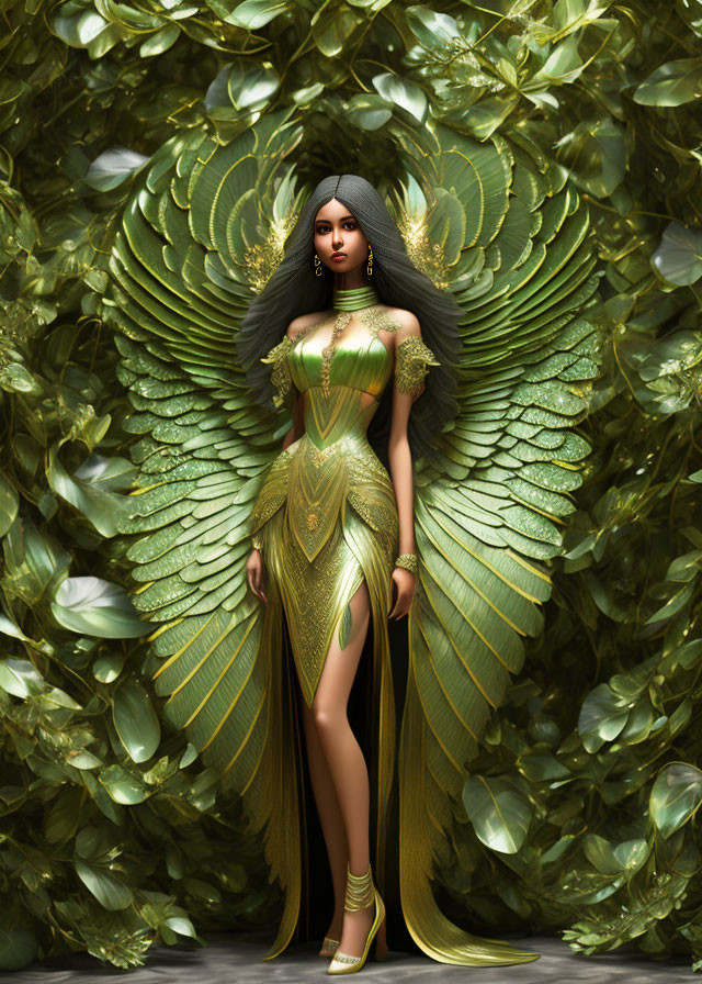 Dark-haired woman in gold feathered dress against green foliage