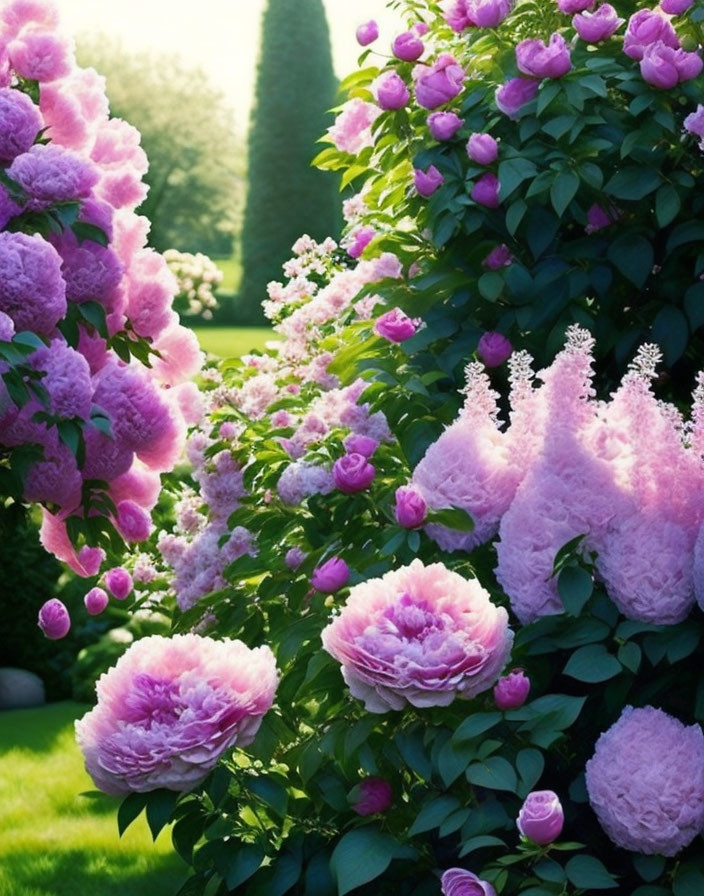 Pink Peonies and Roses in a Lush Garden Setting