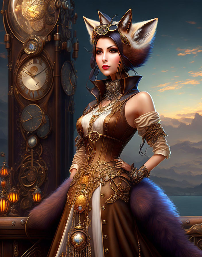 Woman with Fox Ears in Steampunk Outfit Surrounded by Clocks