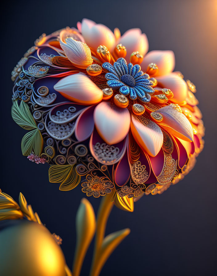 Detailed depiction of a vibrant flower with gem-like petals on a dark backdrop