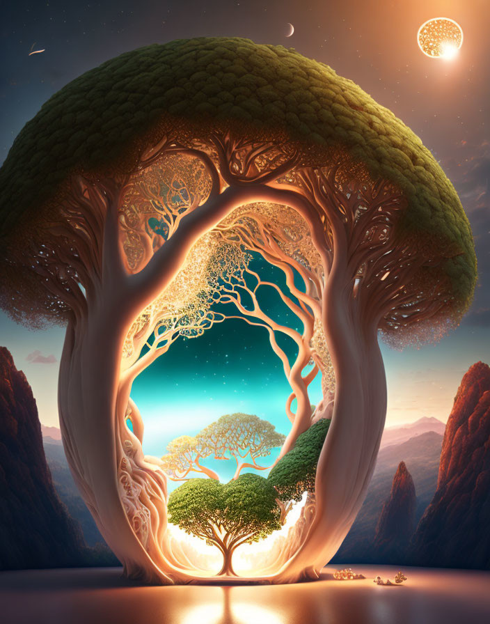 Circular tree frames serene landscape under twilight sky with crescent moon and glowing celestial body