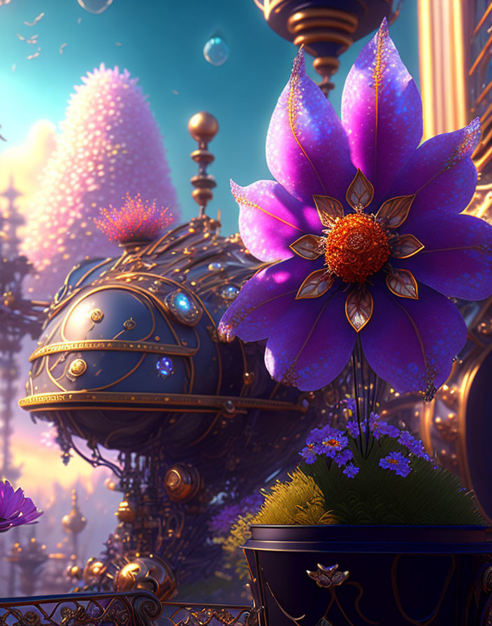 Digital artwork: Large purple fantasy flower in futuristic golden cityscape
