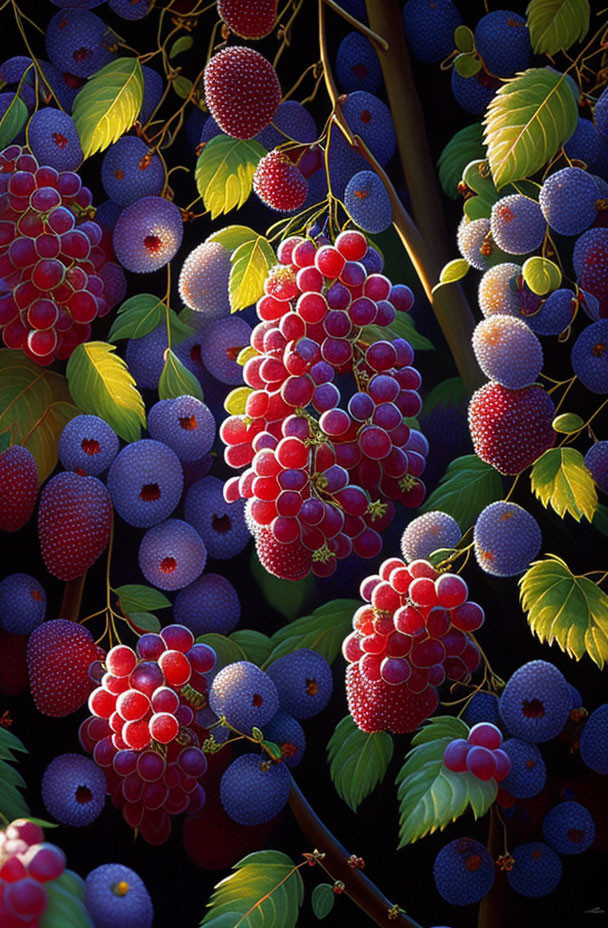 Ripe Red Grapes and Plump Blueberries with Green Leaves on Dark Background