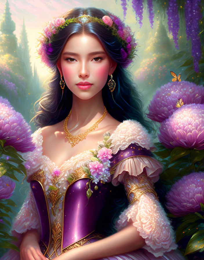 Digital artwork of woman in purple dress with floral crown, surrounded by lush greenery and vibrant flowers.