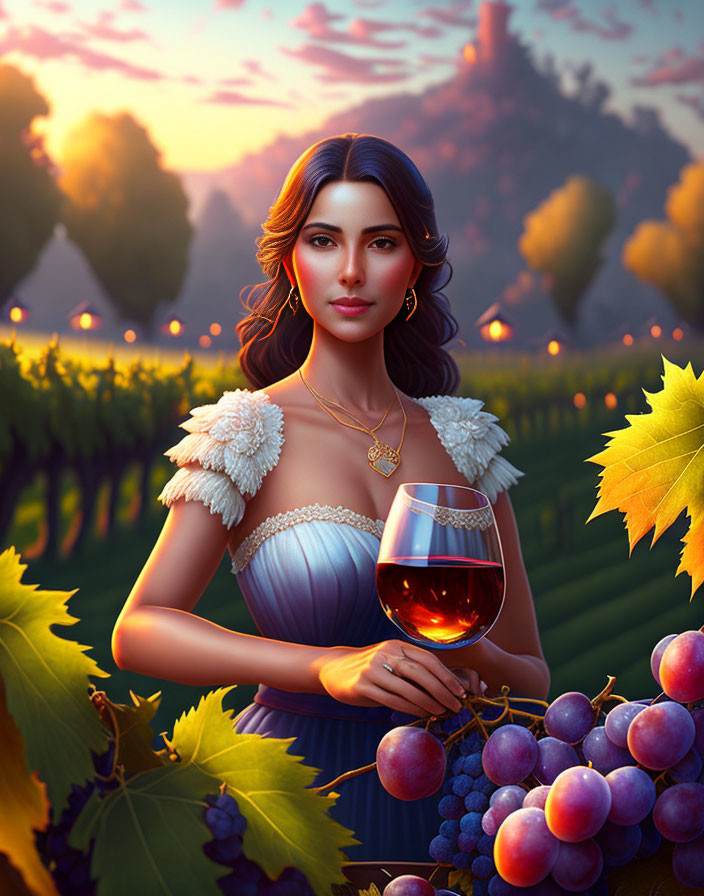 Digital art portrait of woman with wine glass in vineyard at sunset