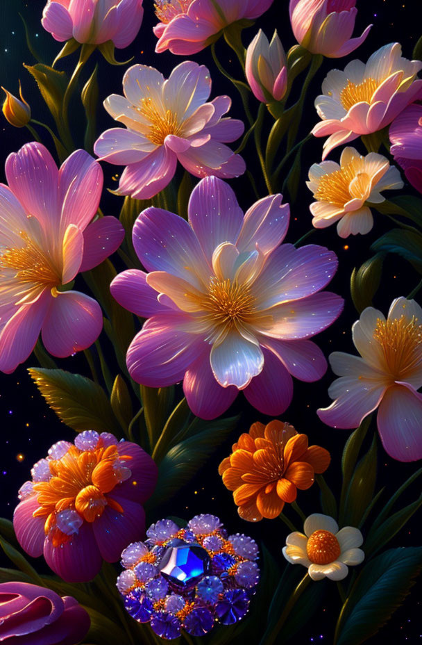 Vibrant digital artwork: Luminescent pink and orange flowers with gemstone centers on dark,