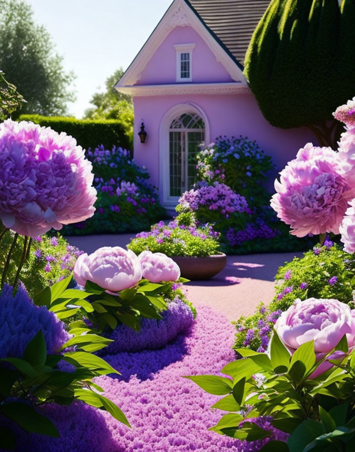 Purple House with Pink Peonies Garden under Sunny Sky