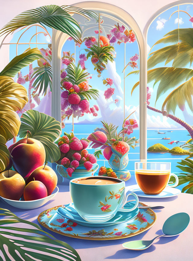 Colorful seaside view through arched window with tropical fruits and tea set on table