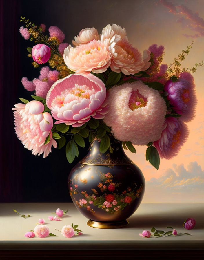Colorful Still Life Painting: Peonies Bouquet in Pink Shades