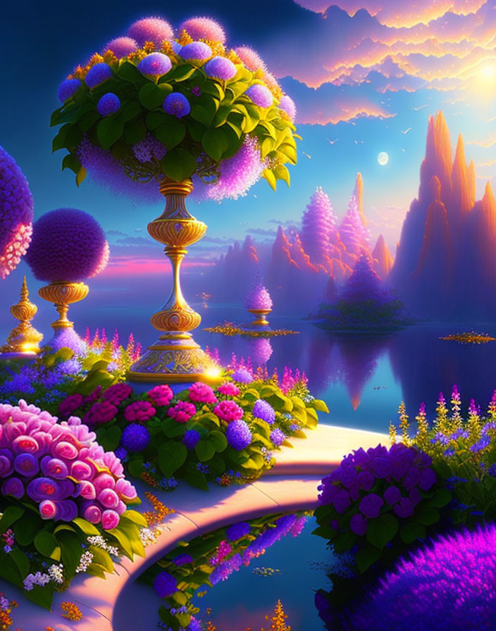 Fantasy landscape with purple foliage, golden trees, calm lake, pink twilight sky