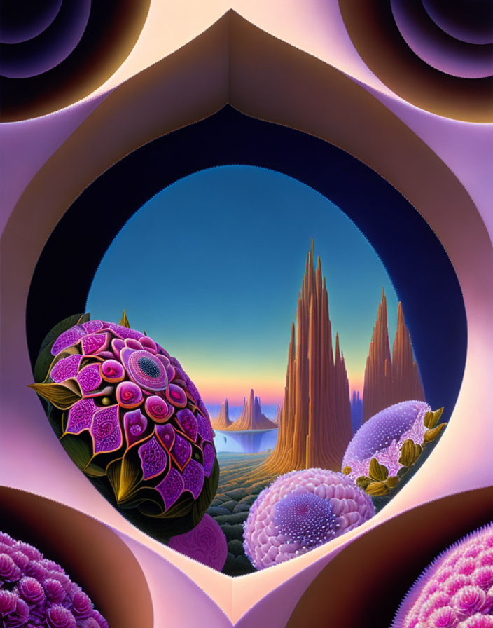 Surreal hexagonal frame with vibrant organic shapes under twilight sky