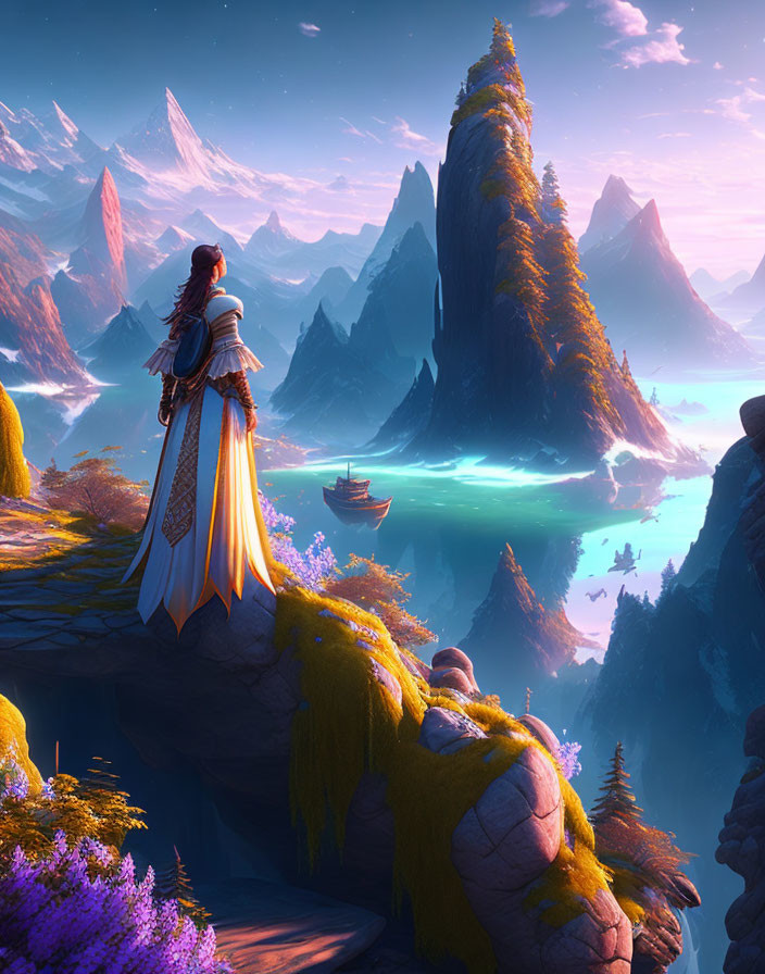 Cloaked Figure Observing Mystical Landscape with Rock Spires and Serene Lake
