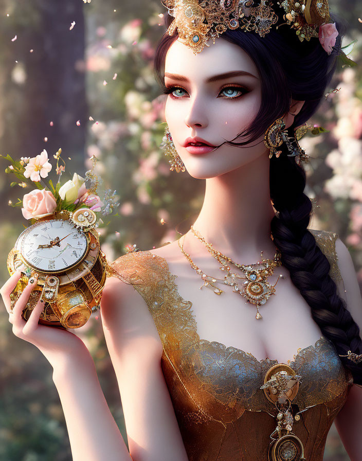 Fantasy woman with gold jewelry, braided hair, and clock.