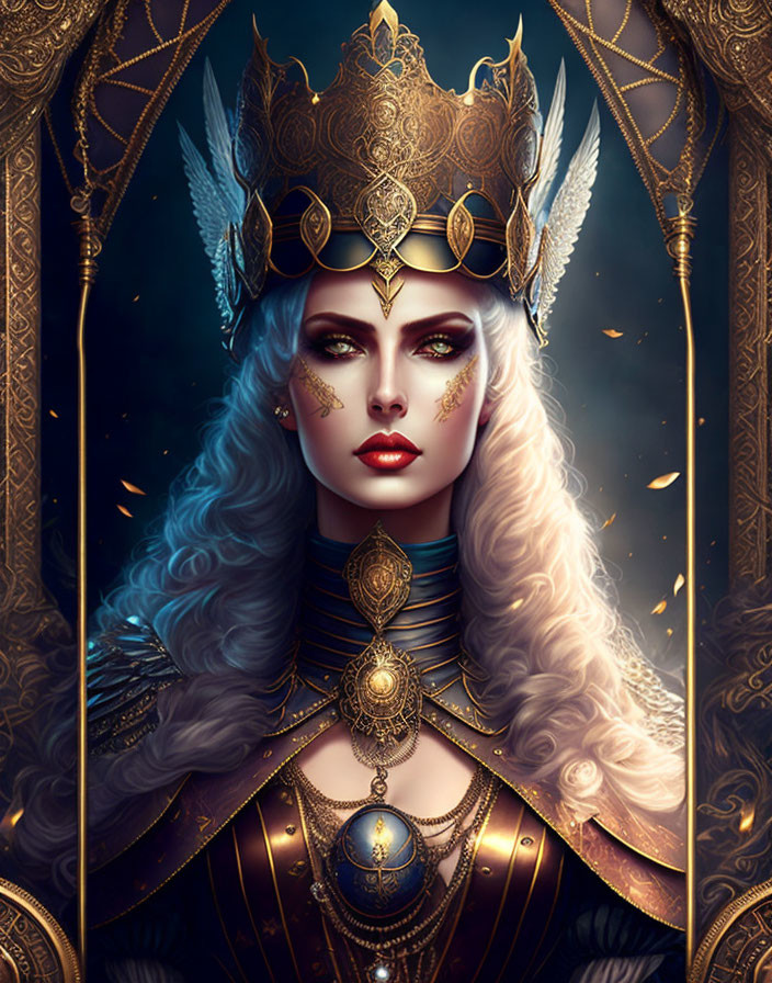Regal woman with blue hair in golden crown and armor against luxurious backdrop