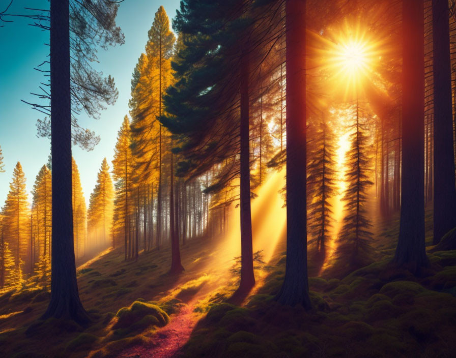 Sunbeam illuminates dense forest with moss-covered ground and tall pine trees
