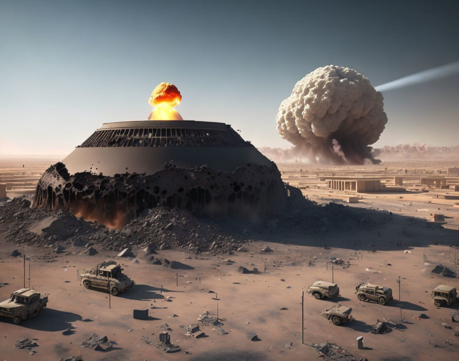 Explosion at Dome Structure in Desert with Military Vehicles