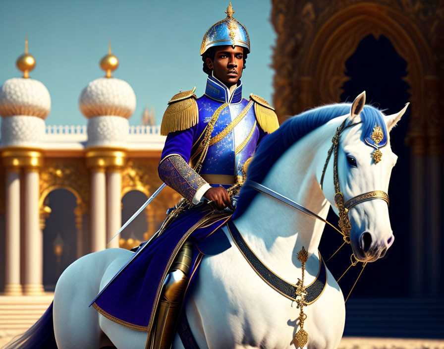 Regal Figure in Blue and Gold Uniform Riding White Horse at Opulent Palace