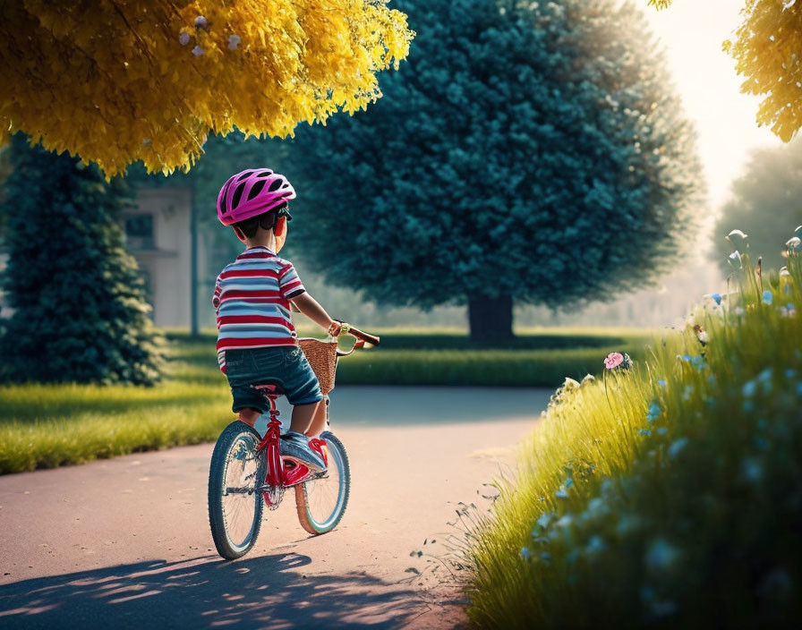 Child Riding Bicycle with Helmet on Sunlit Path by Green Trees
