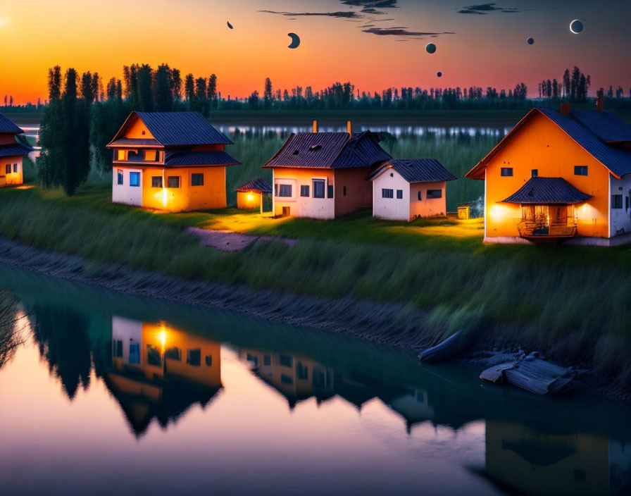 Twilight riverside houses with illuminated windows and crescent moons reflected in calm water