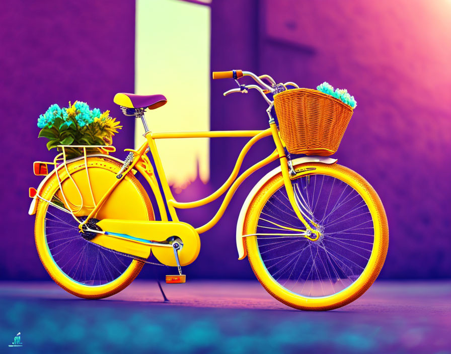 Yellow Bicycle with Flower Basket Against Purple Wall in Warm Lighting