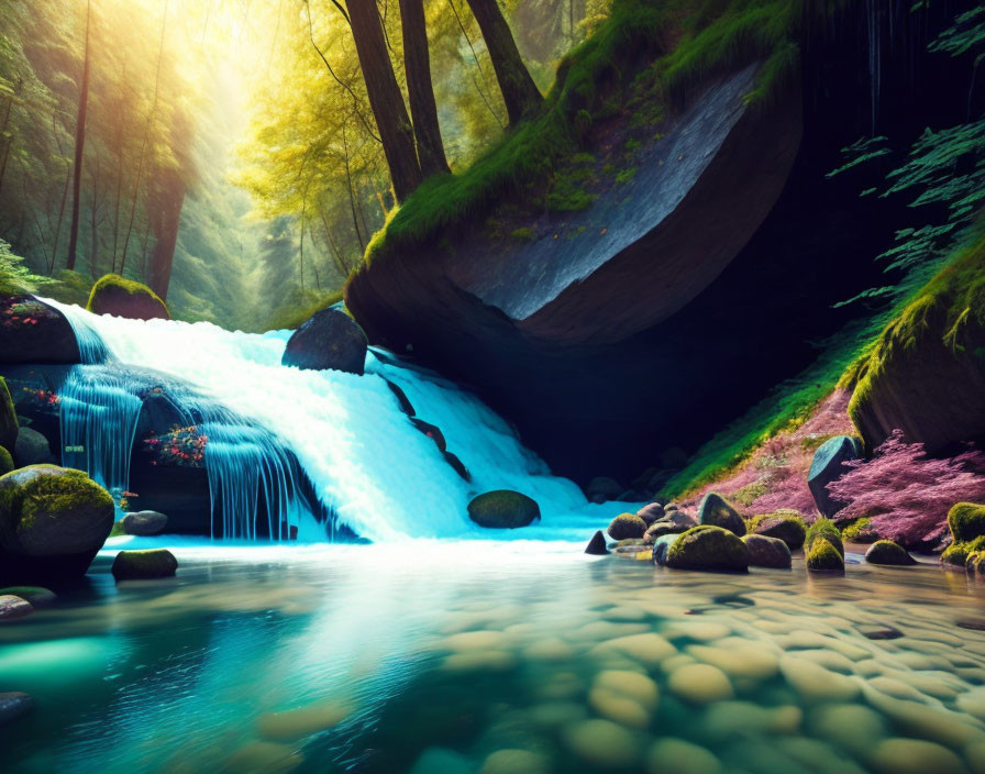Forest waterfall and blue pond in sunlight amid lush greenery