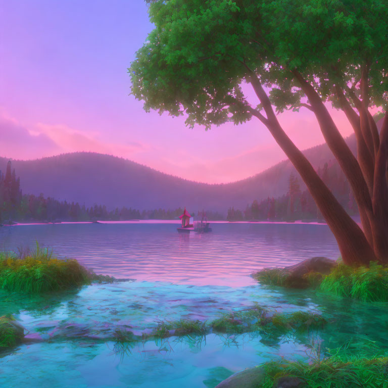 Colorful surreal landscape with tranquil lake, boat, vivid foliage, and dreamy purple sky at dusk