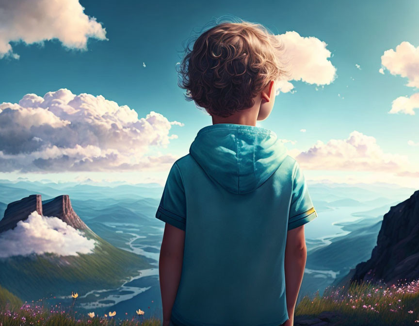 Child observing serene landscape with hills, lake, and sky.