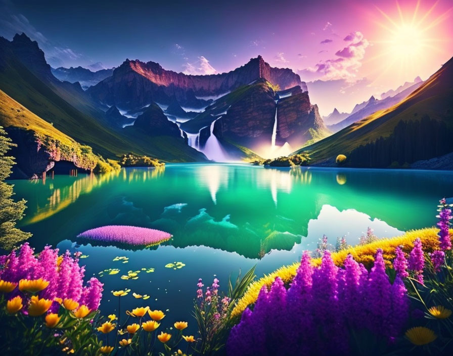 Scenic landscape: serene lake, colorful flowers, cascading waterfalls, and sunset mountains