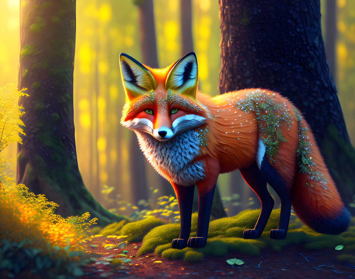 Red Fox in Magical Forest with Sunbeams: Lush Fur and Mystical Setting