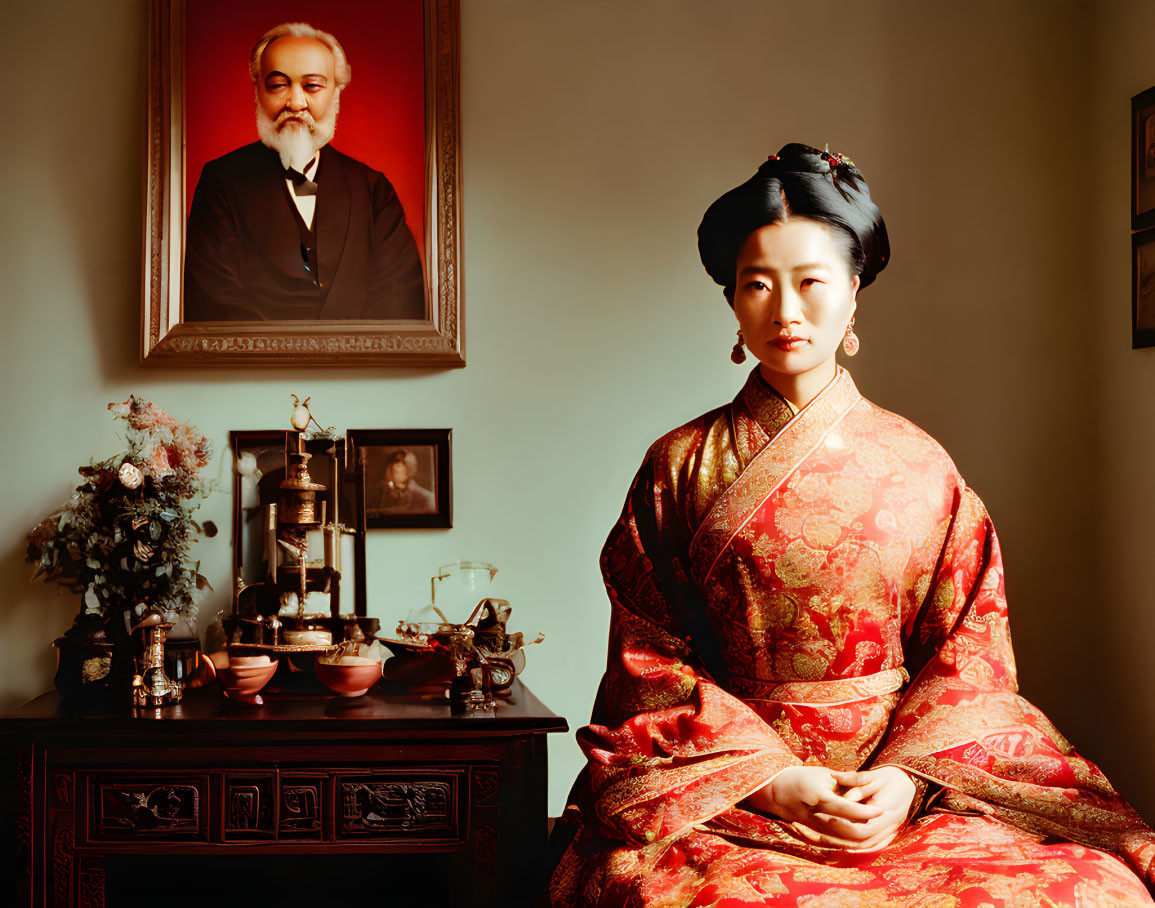 Traditional red Asian garment woman beside cultural artifacts and portrait of bearded man