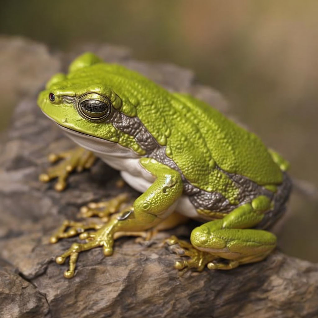 Vivid green frog with bulging glossy eyes on wooden surface